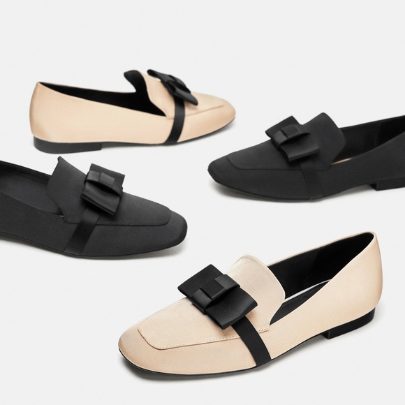 ZARA Nude + Black Bow Fabric Loafers - NEW 6,8,10 - Picture 2 of 5